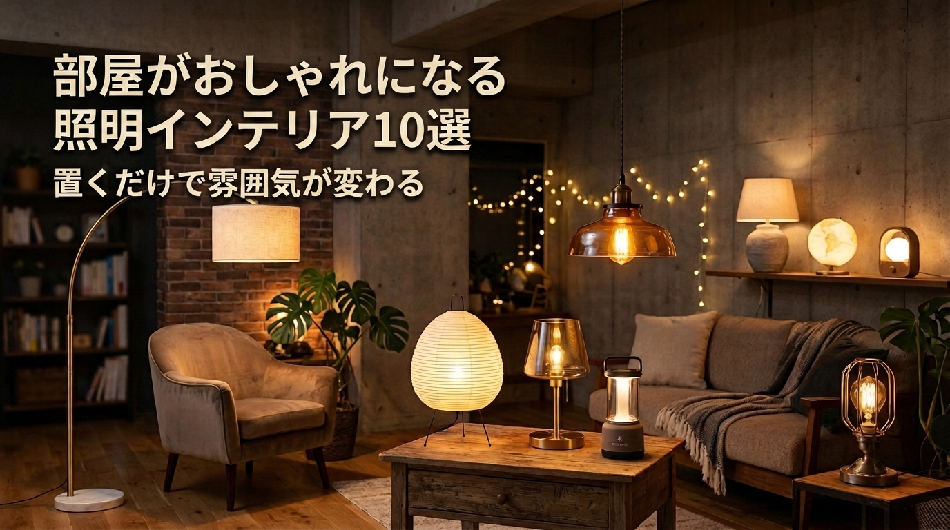「部屋をおしゃれに彩る、様々なデザインのテーブルランプやフロアライトが並ぶインテリア空間」